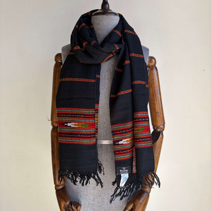 Hand Woven Nylon + Wool Kullu Stole- Black