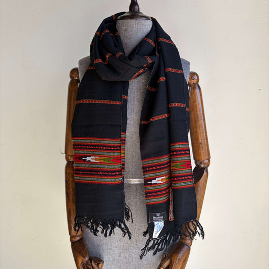 Hand Woven Nylon + Wool Kullu Stole- Black