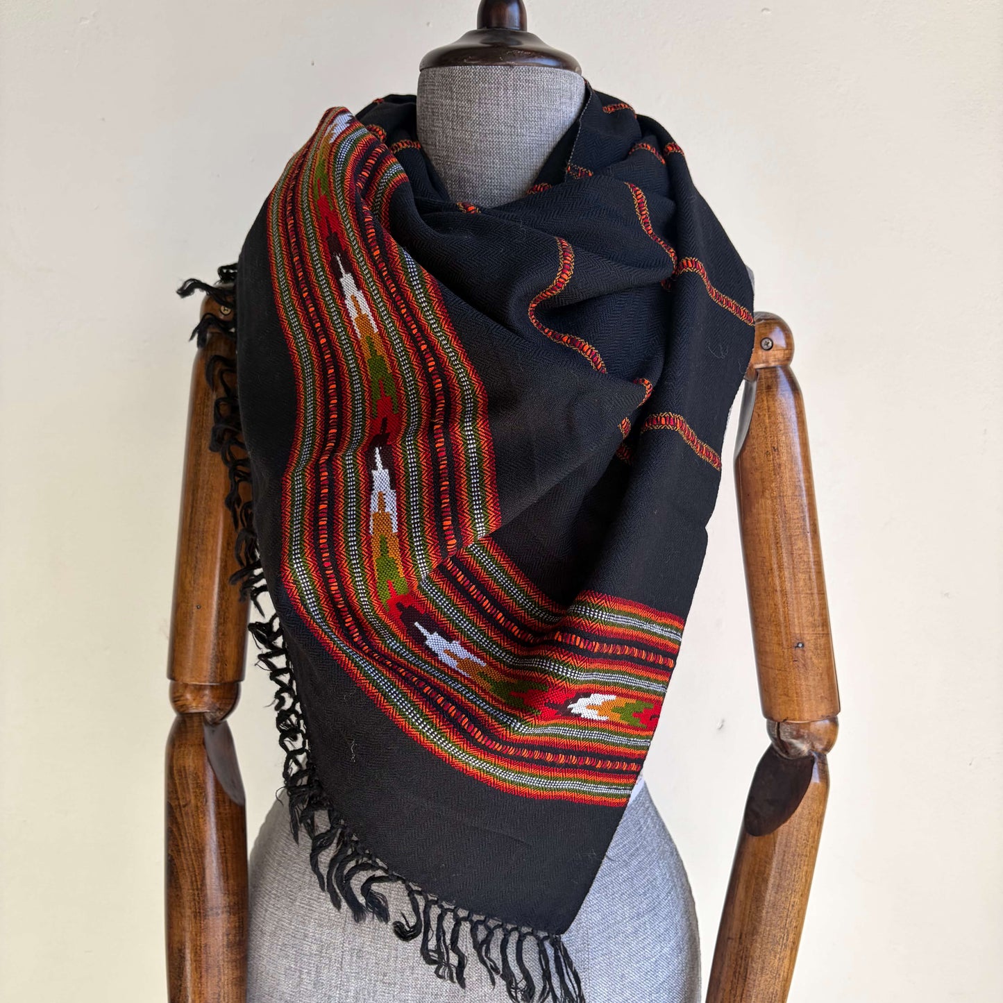 Hand Woven Nylon + Wool Kullu Stole- Black