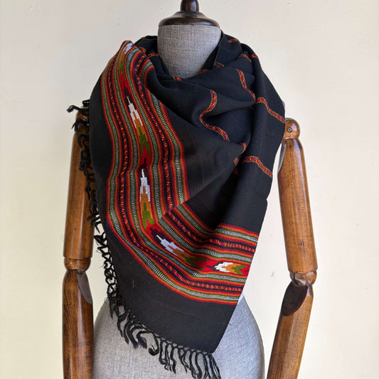Hand Woven Nylon + Wool Kullu Stole- Black