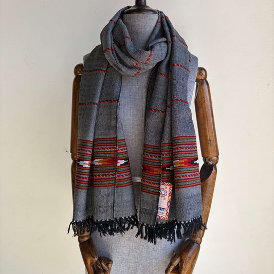 Hand Woven Nylon + Wool Kullu Stole- Black + White