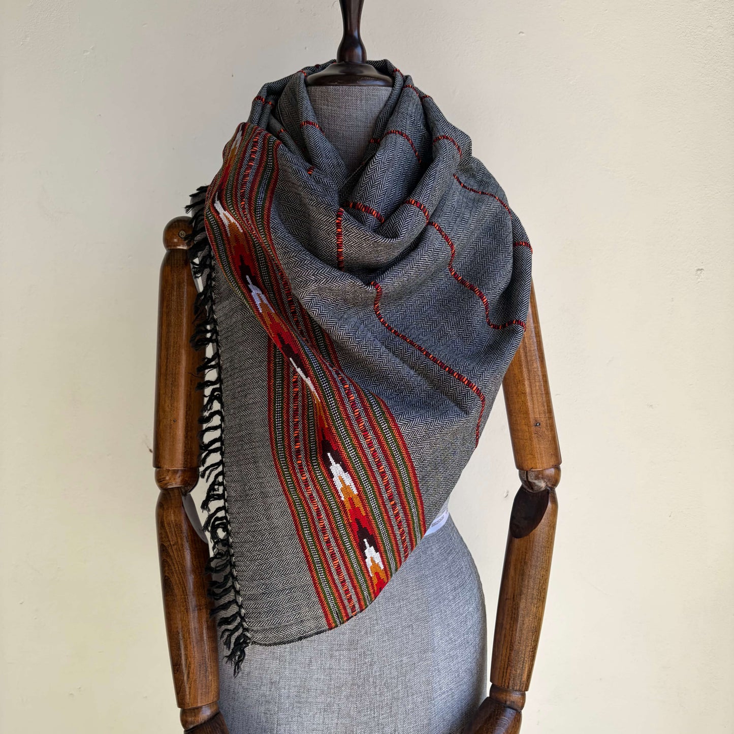 Hand Woven Nylon + Wool Kullu Stole- Black + White