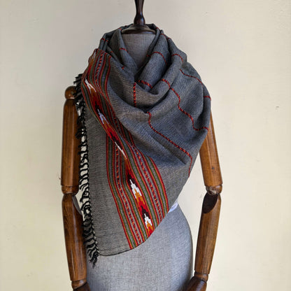 Hand Woven Nylon + Wool Kullu Stole- Black + White