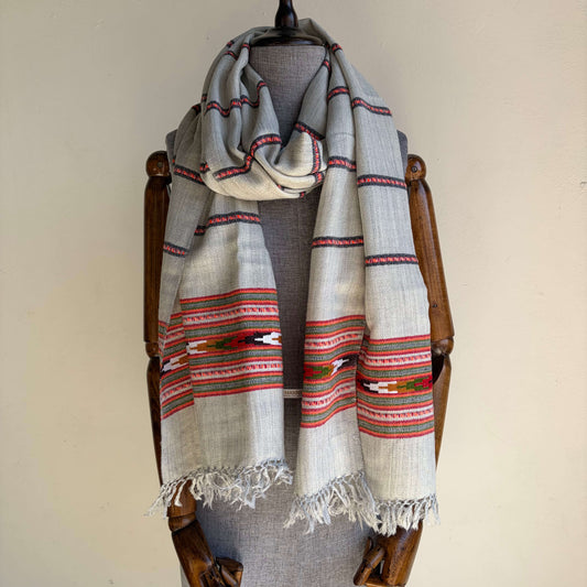 Hand Woven Nylon + Wool Kullu Stole- Grey
