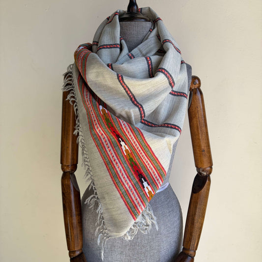 Hand Woven Nylon + Wool Kullu Stole- Grey