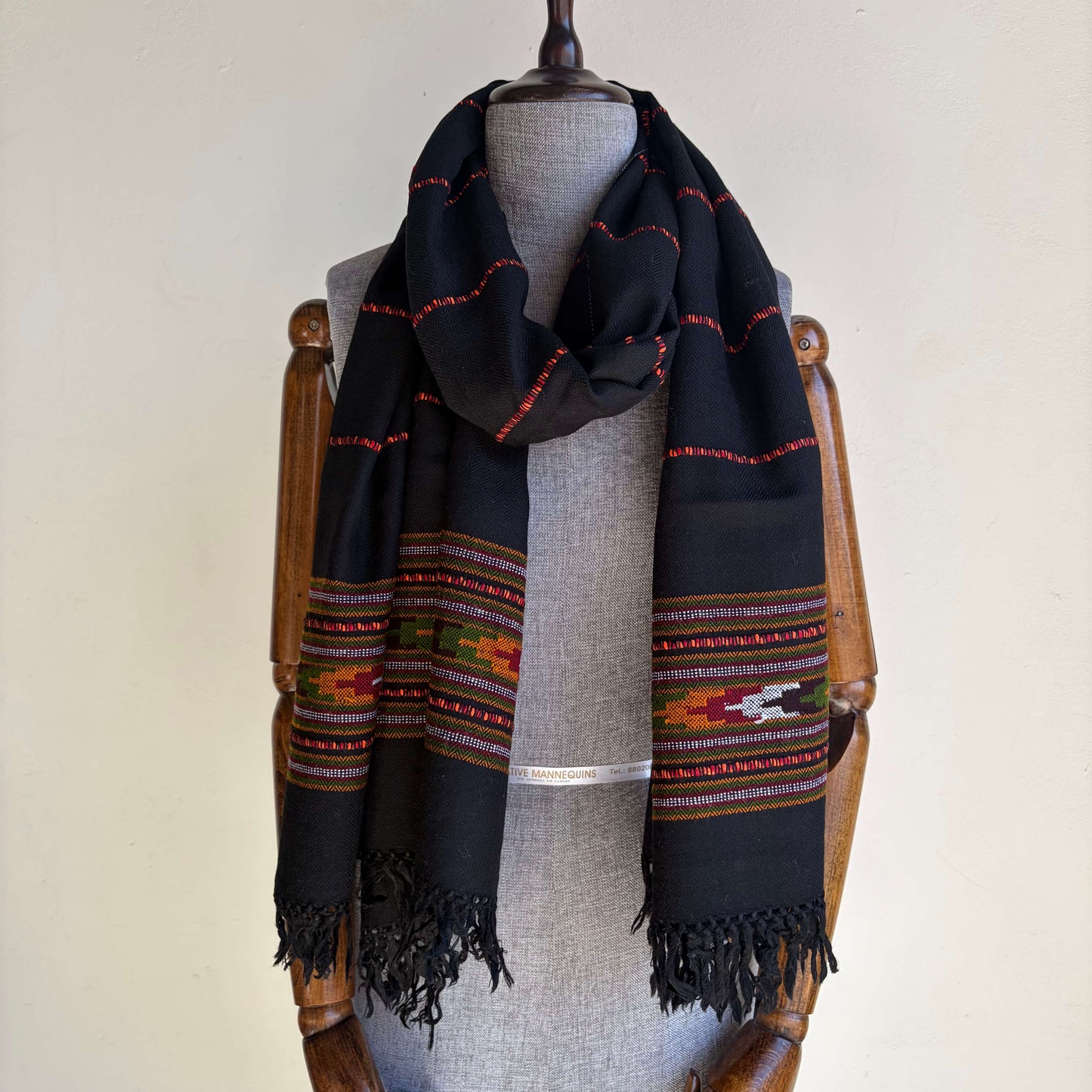 Hand Woven Nylon + Wool Kullu Stole- Black