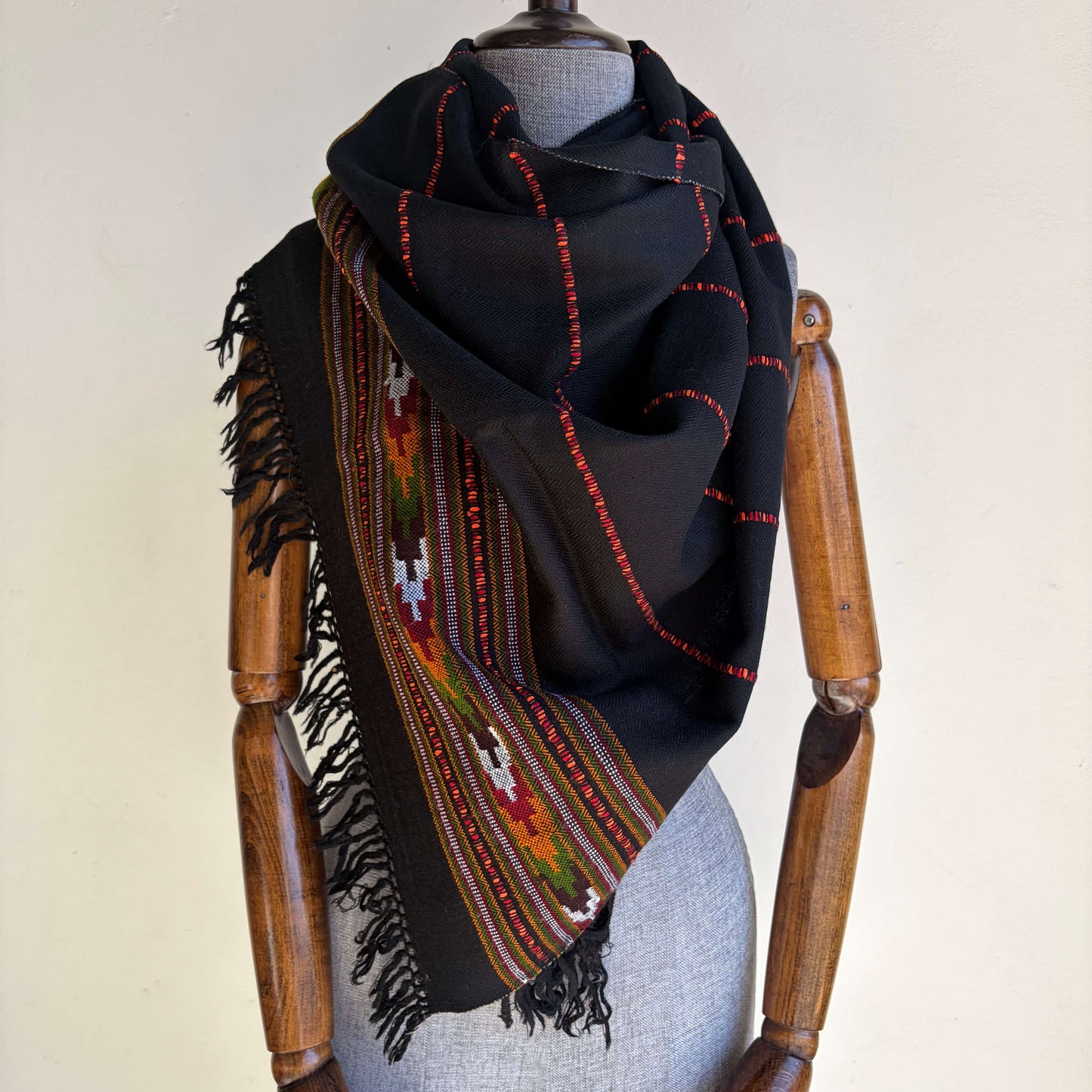 Hand Woven Nylon + Wool Kullu Stole- Black