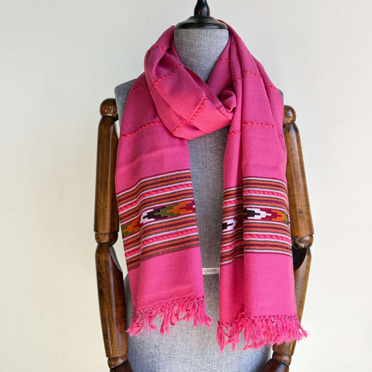 Hand Woven Nylon + Wool Kullu Stole- Light Pink