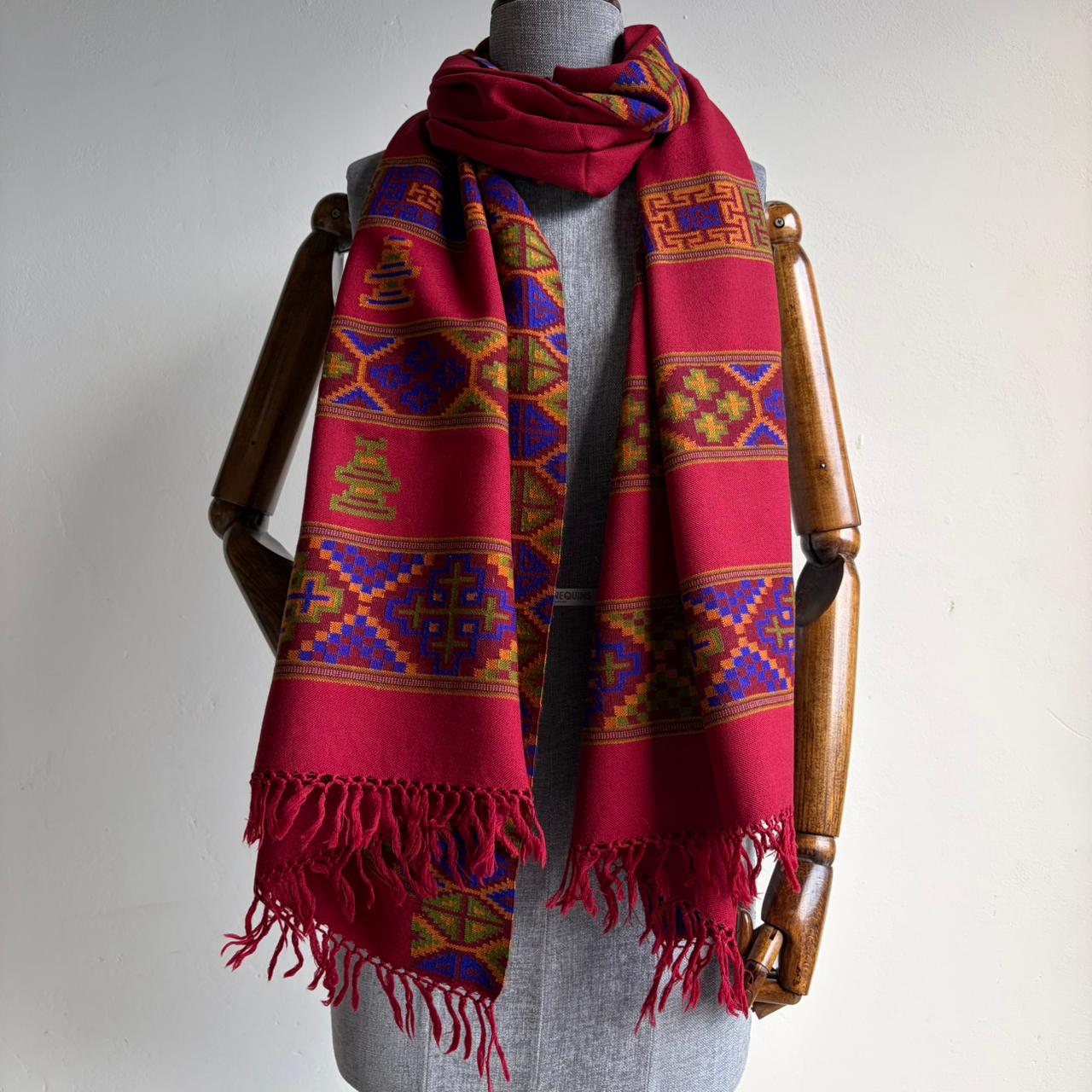 Hand Woven Pure Merino Wool Kullu Stole Kinnauri Design Marron