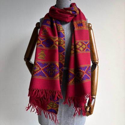 Hand Woven Pure Merino Wool Kullu Stole Kinnauri Design Marron