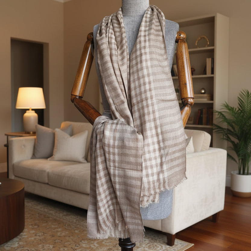 Handwoven Pashmina and wool Taupe Meadow Reversible Handwoven Stole