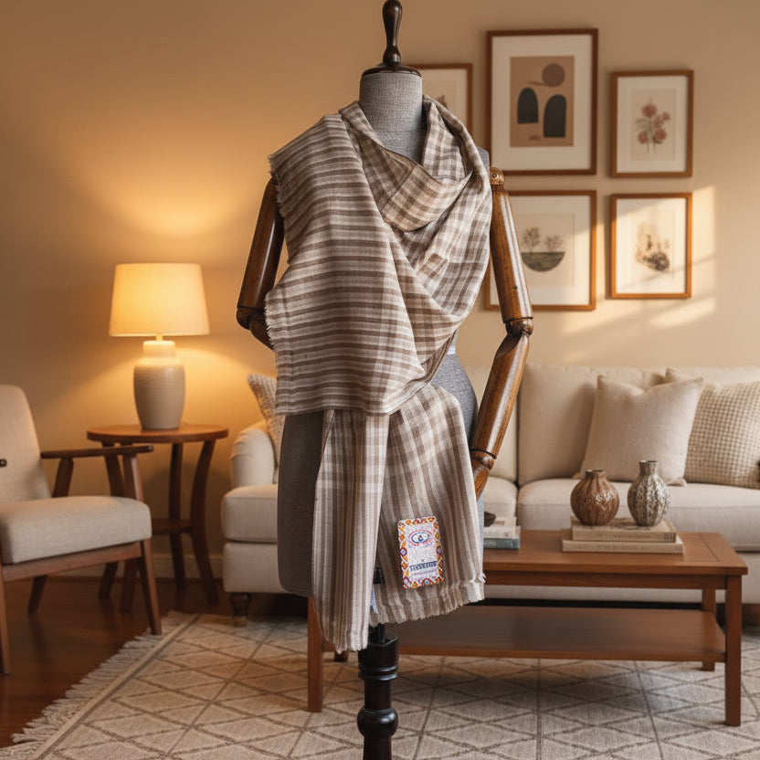 Handwoven Pure Pashmina Wool Mocha Check Kullu Stole Grey+ White