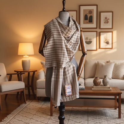 Handwoven Pure Pashmina Wool Mocha Check Kullu Stole Grey+ White