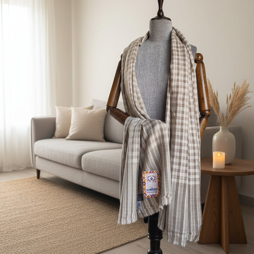 Handwoven Pure Pashmina Wool Mocha Check Kullu Stole Grey+ White