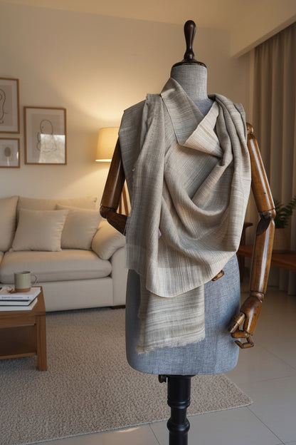 Handwoven Pure Pashmina Wool Sandstone Whisper Handwoven Stole White + Grey