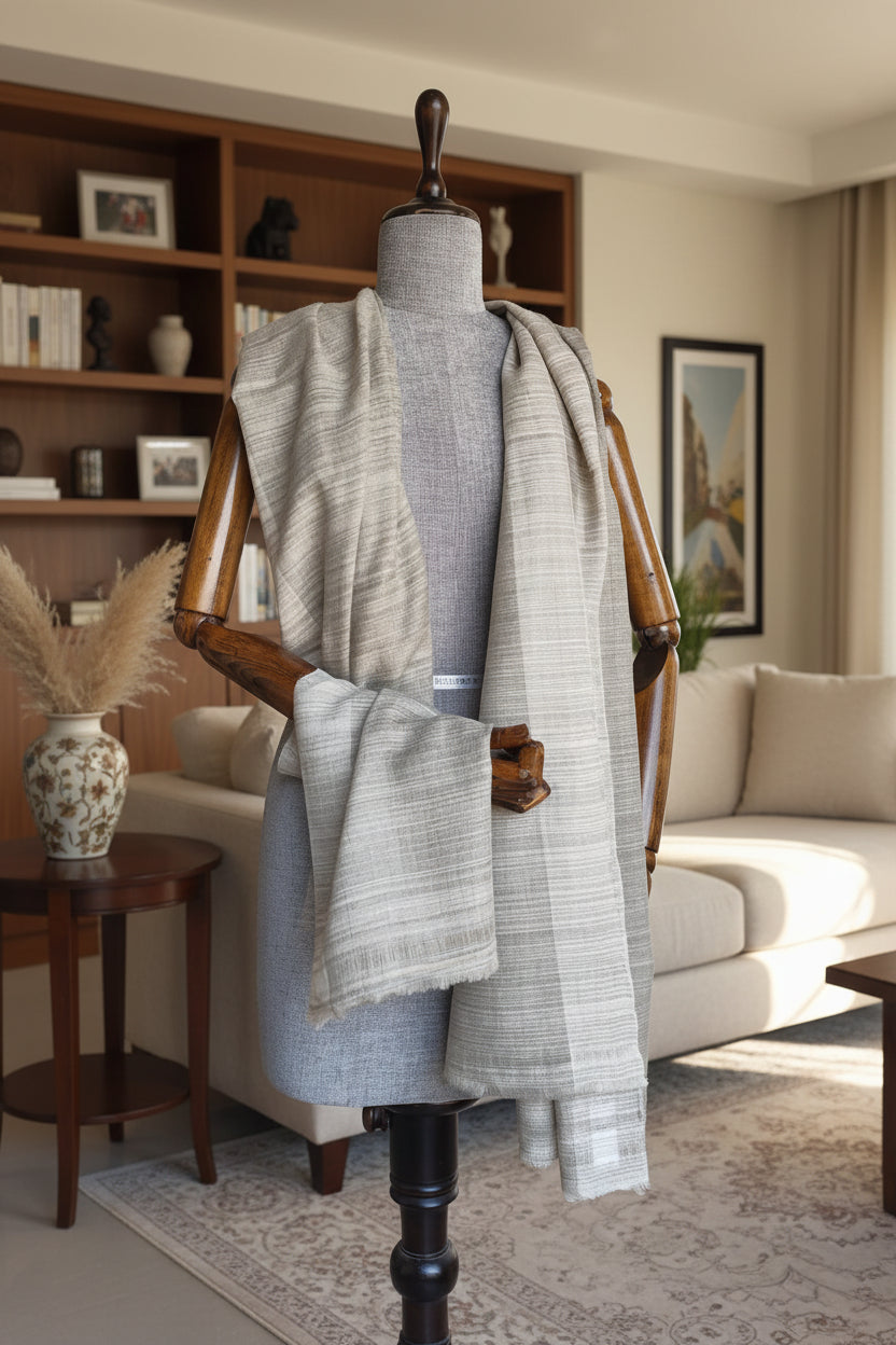 Handwoven Pure Pashmina Wool Sandstone Whisper Handwoven Stole White + Grey
