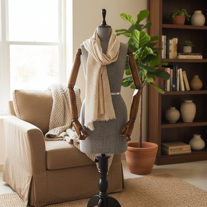 Ivory Meadow Check Handwoven Stole - Cream + Baige