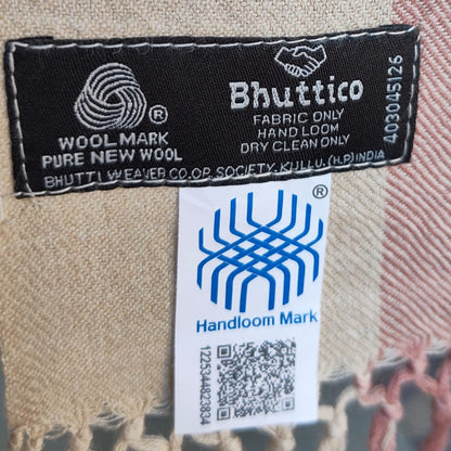 Handwoven pure merino wool Kullu stole, cream and pink - close-up texture