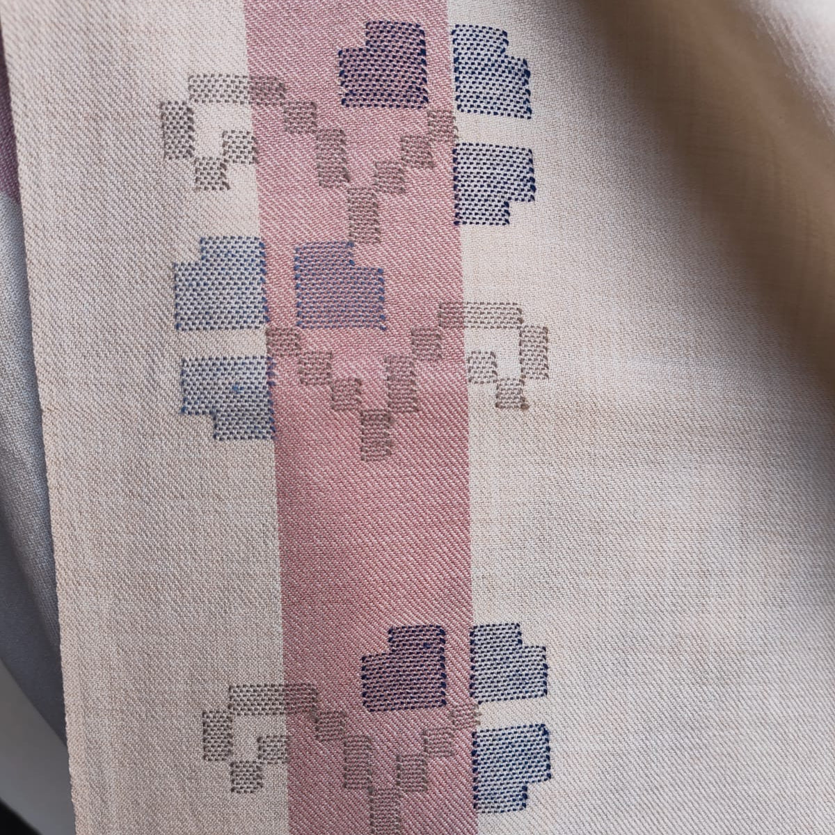 Handwoven pure merino wool Kullu stole, cream and pink - folded view