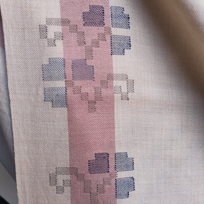Handwoven pure merino wool Kullu stole, cream and pink - folded view