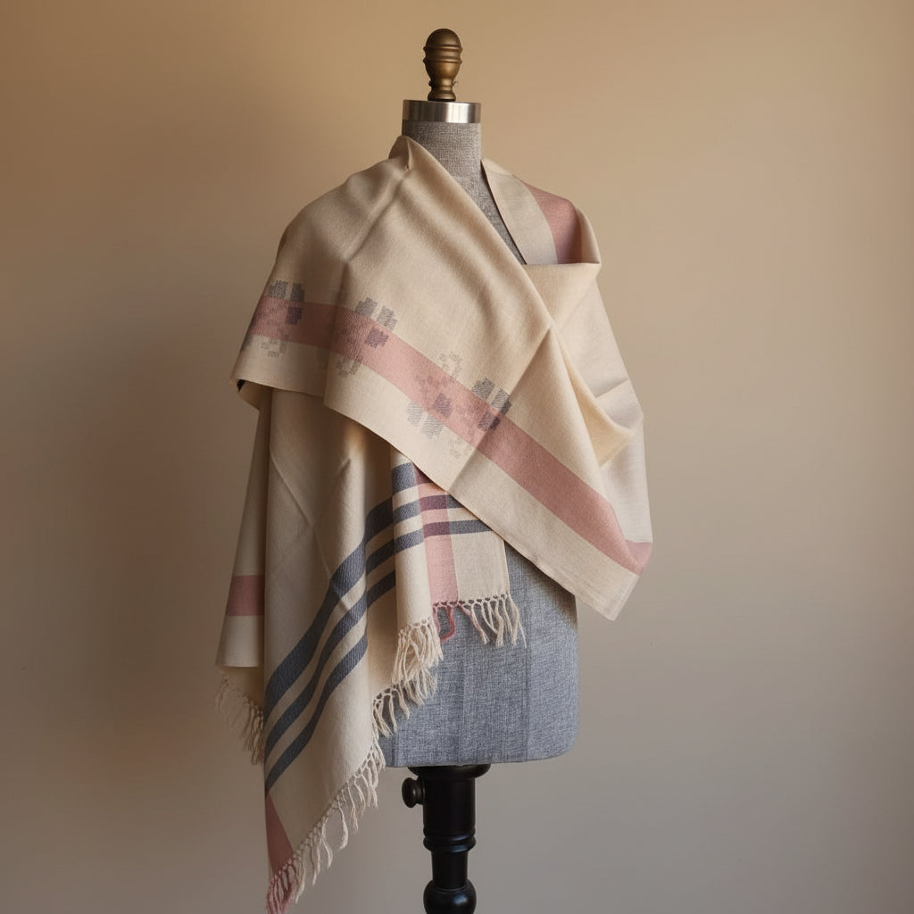 Handwoven pure merino wool Kullu stole, cream and pink - front view