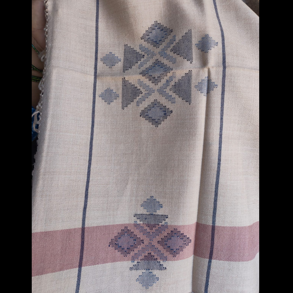 Handwoven pure merino wool Kullu stole, cream - folded view