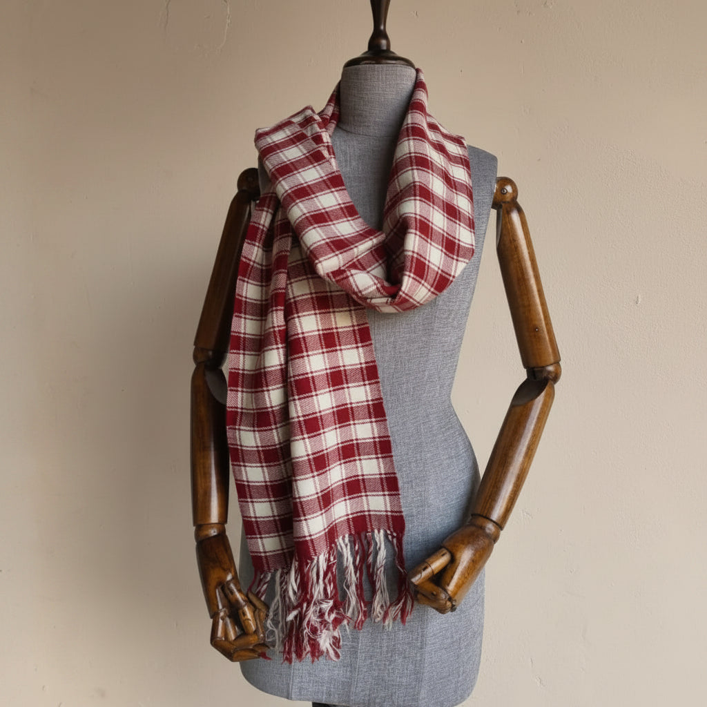 Hand Woven Pure Merino Wool Muffler (White+Maroon)