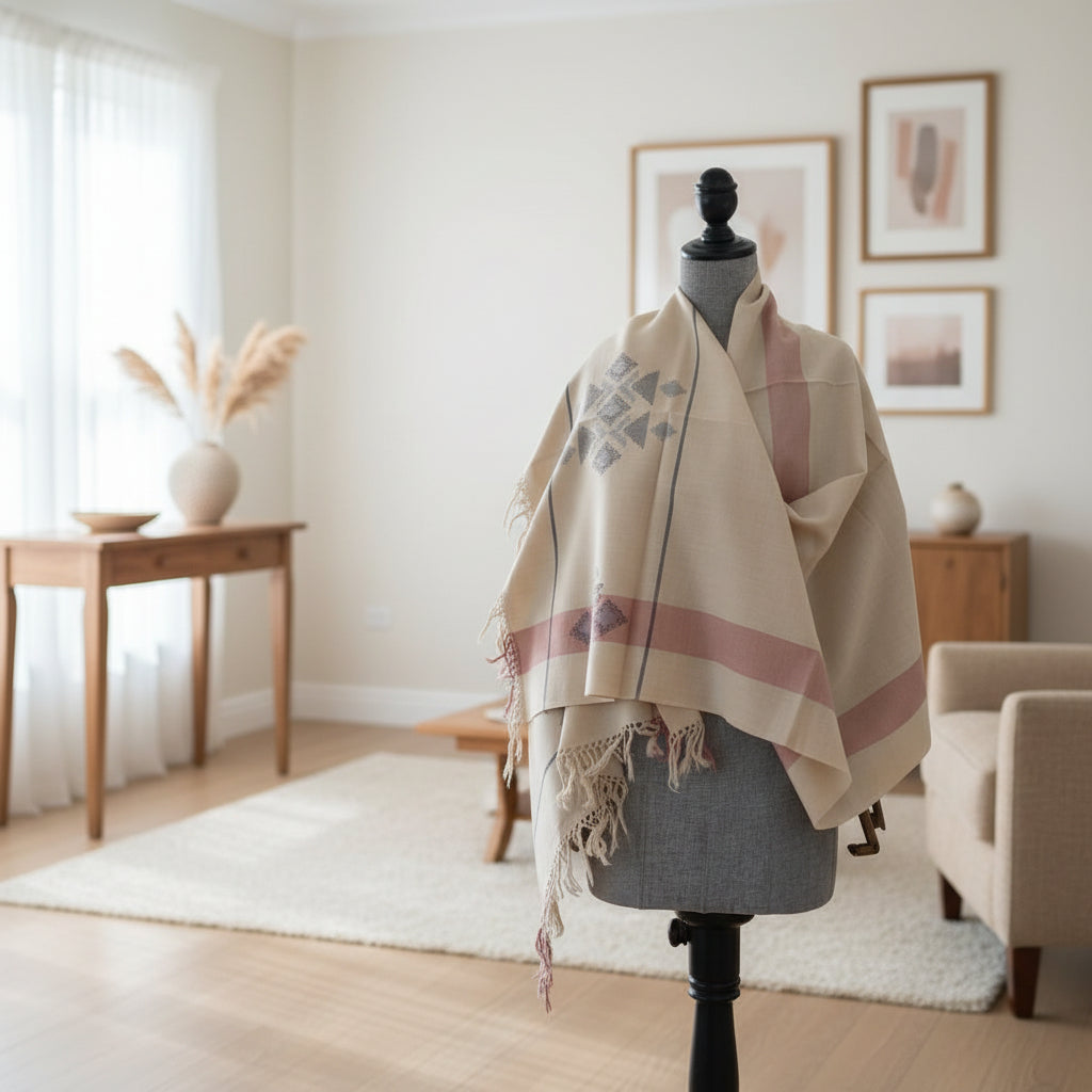 Handwoven pure merino wool Kullu stole, cream - front view