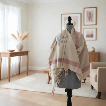 Handwoven pure merino wool Kullu stole, cream - front view