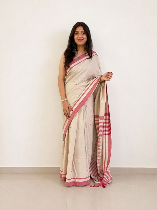 Handwoven cream and pink merino wool saree - full drape view