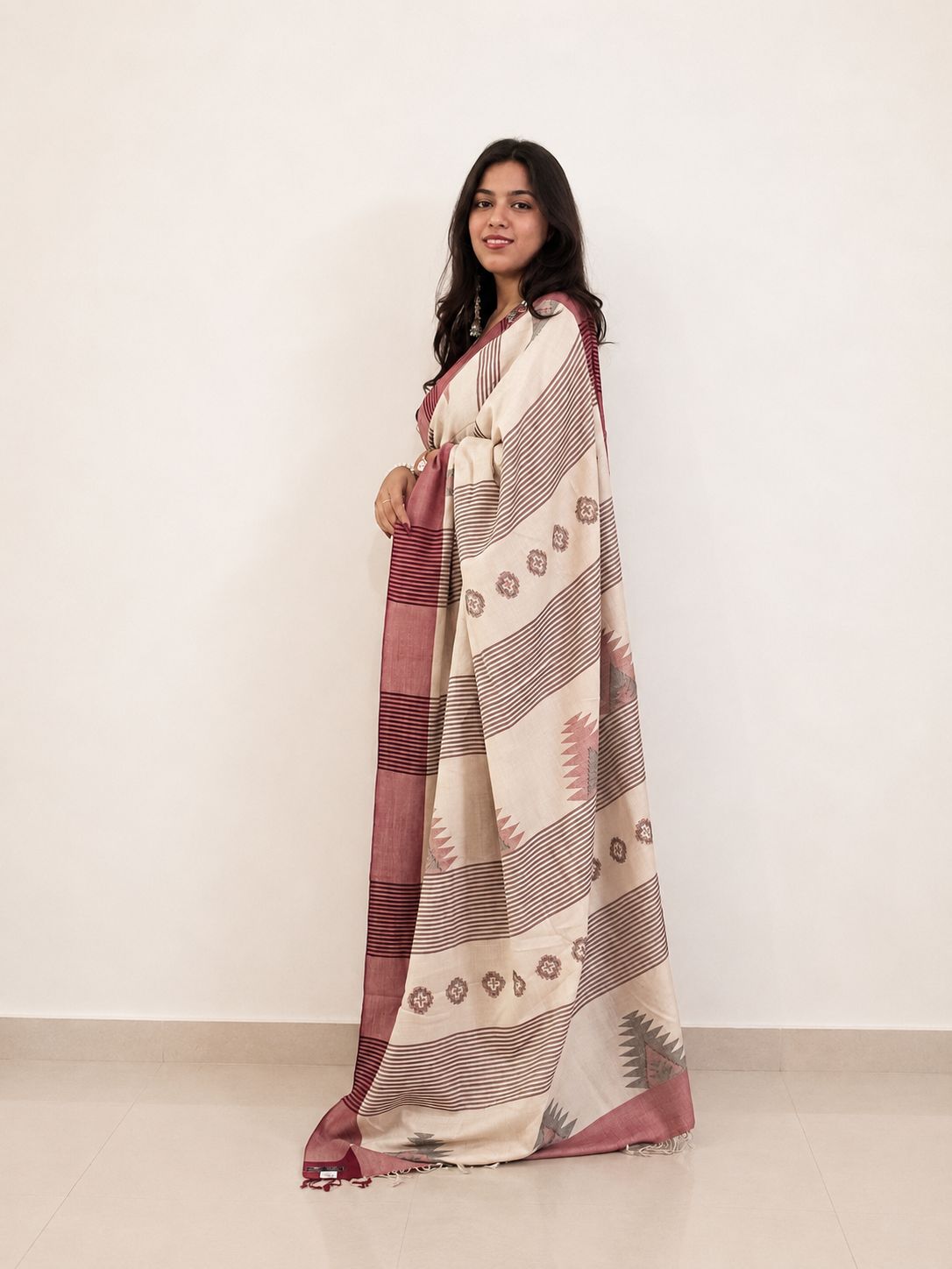 Handwoven cream merino wool saree - full drape view