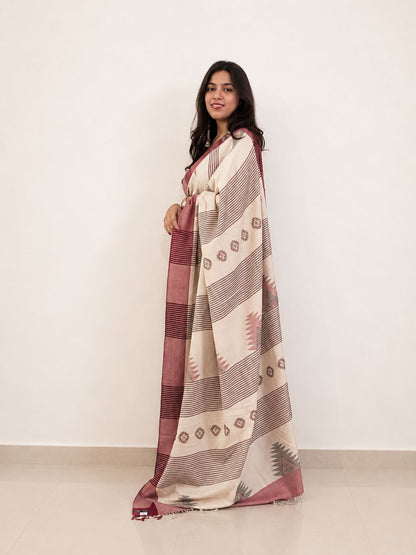 Handwoven cream merino wool saree - full drape view