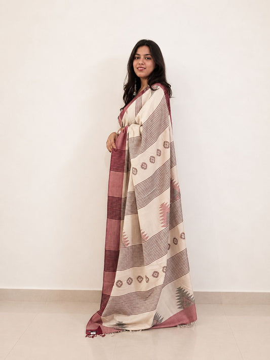 Handwoven cream merino wool saree - full drape view