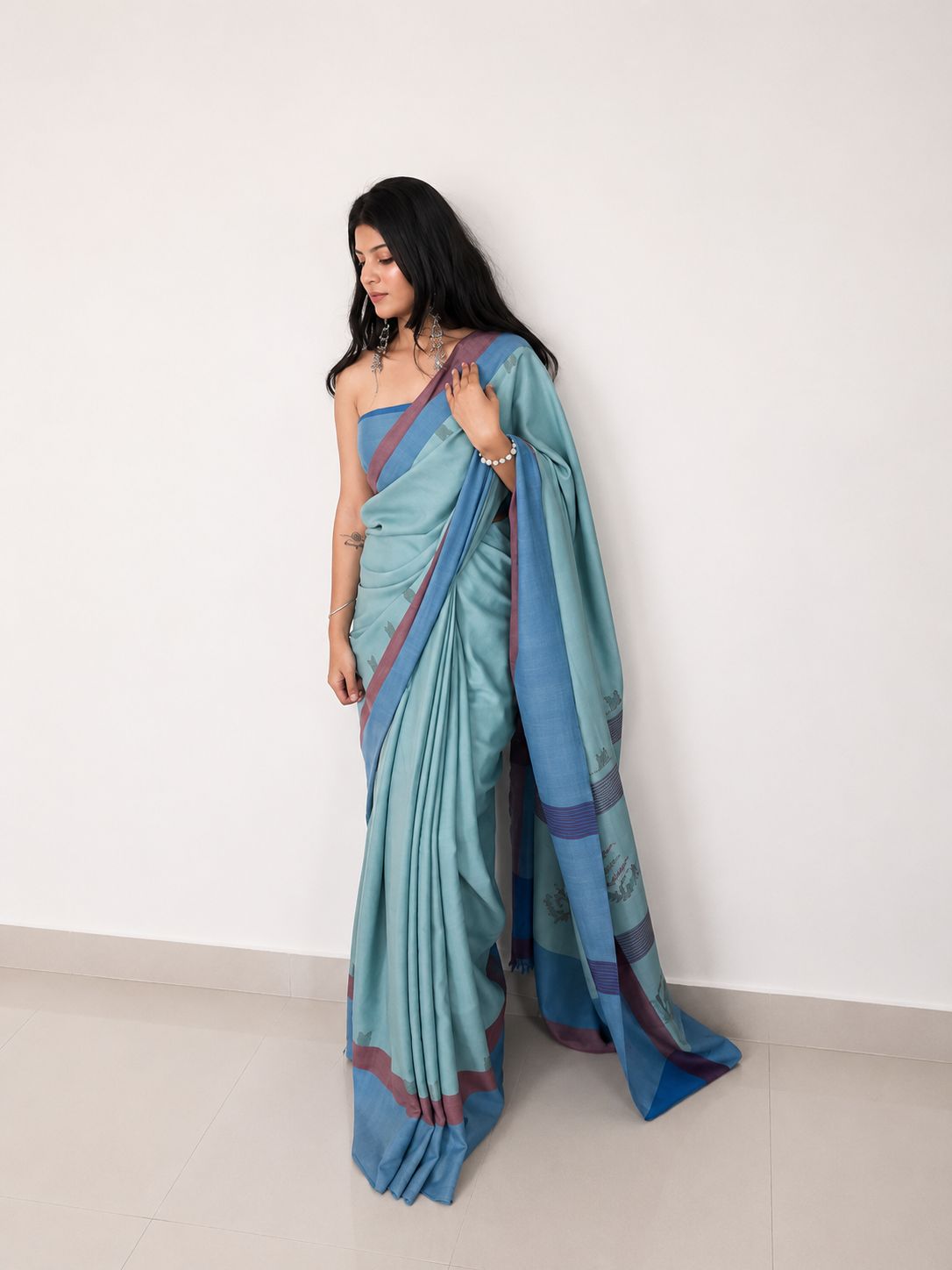 Handwoven sea green merino wool saree - full drape view