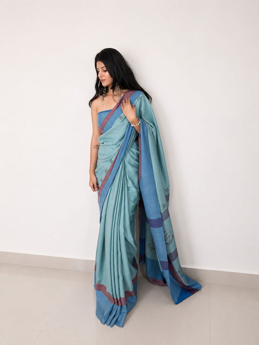 Handwoven sea green merino wool saree - full drape view