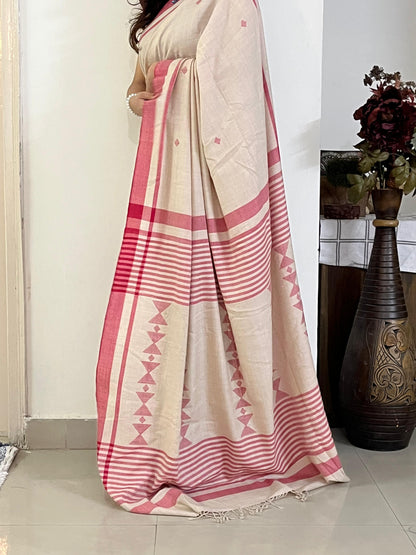 Handwoven cream and pink merino wool saree - close-up weave texture