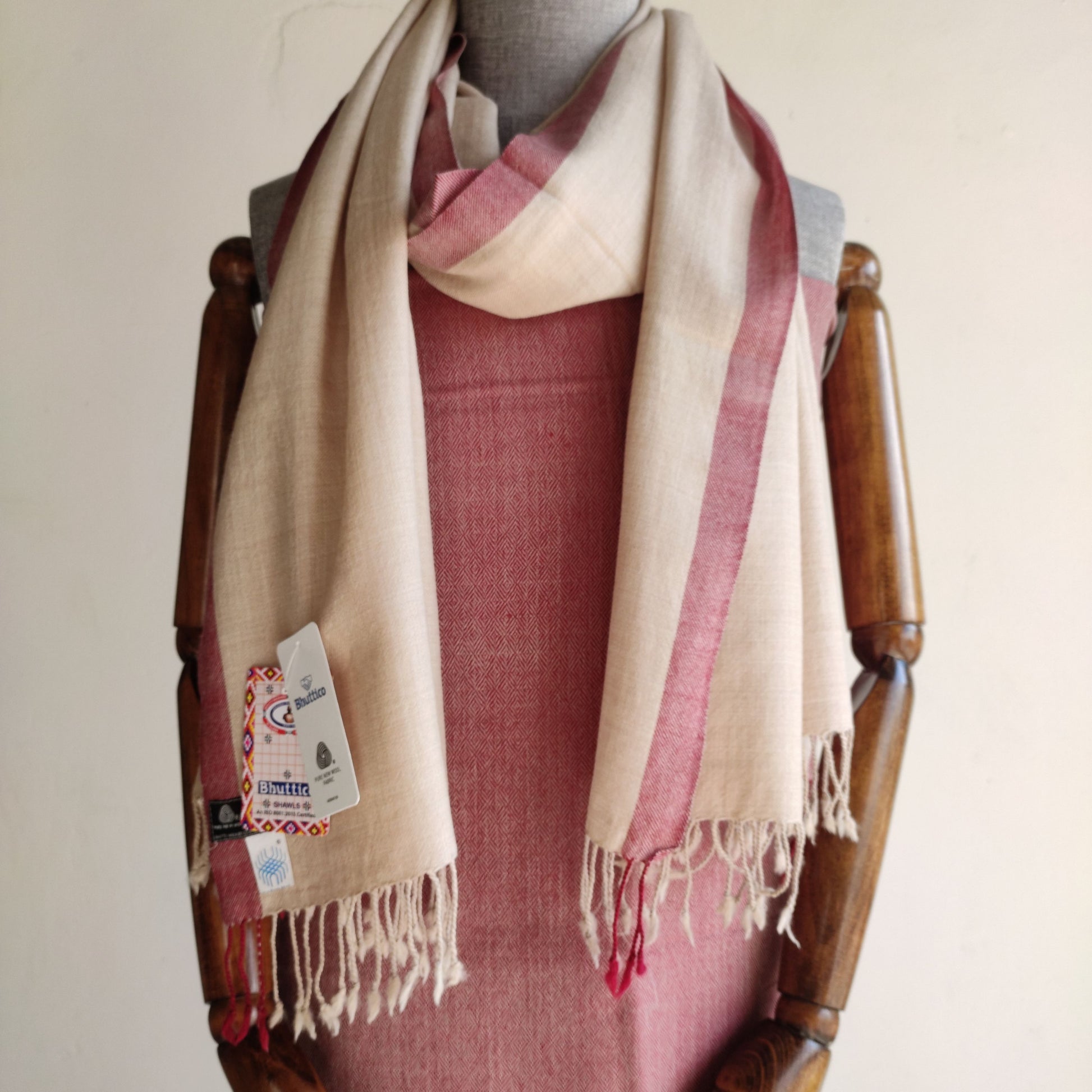 Women's winter suit in pink color and beige shawl