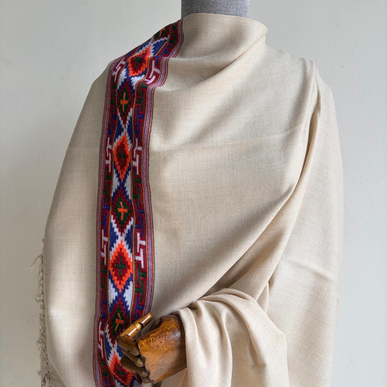 Traditional Kullu patti Merino Wool shawl- Beige