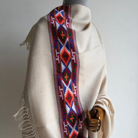 Traditional Kullu patti Merino Wool shawl- Beige