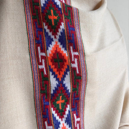 Traditional Kullu patti Merino Wool shawl- Beige