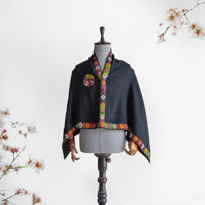 Black Woolen Kullu Patti Cape for Women - Bhuttico Shawls