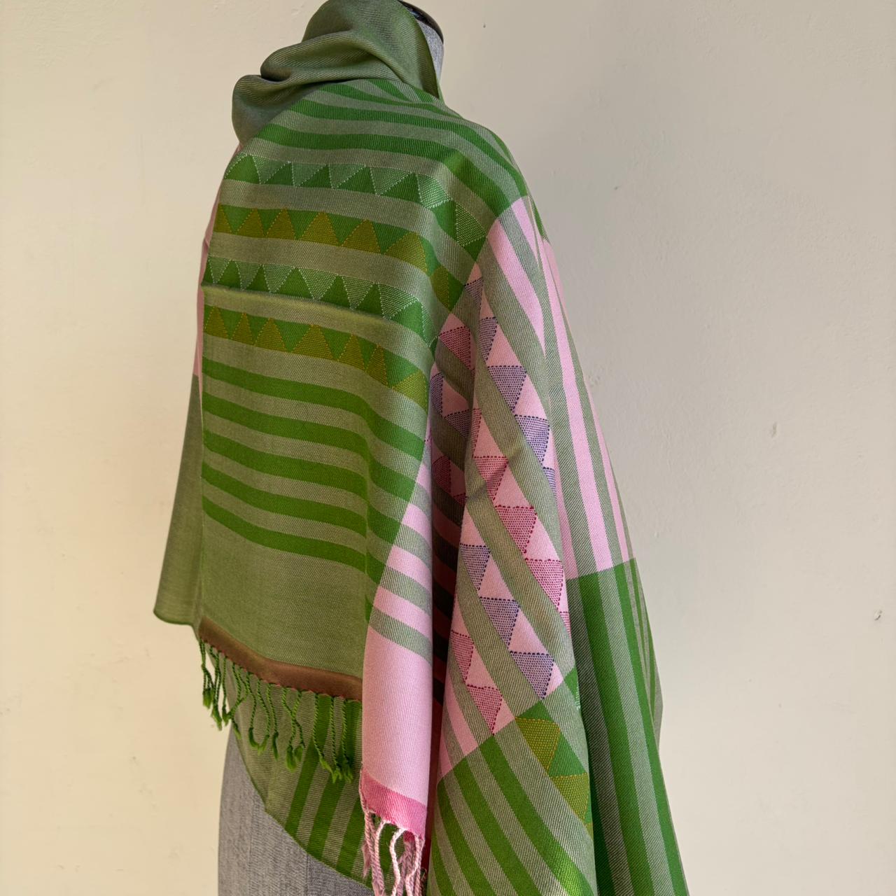 Hand Woven Pure Merino Wool Kullu Stole- Green and Pink