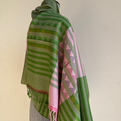 Hand Woven Pure Merino Wool Kullu Stole- Green and Pink