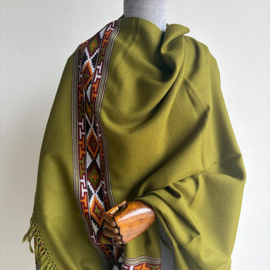 Traditional Kullu patti Merino Wool shawl- Olive Green