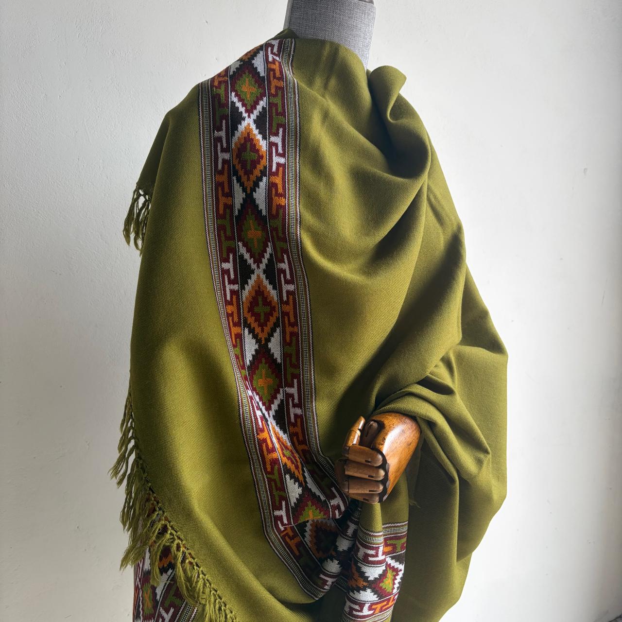 Traditional Kullu patti Merino Wool shawl- Olive Green