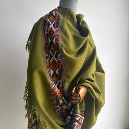 Traditional Kullu patti Merino Wool shawl- Olive Green