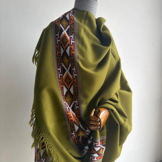 Traditional Kullu patti Merino Wool shawl- Olive Green