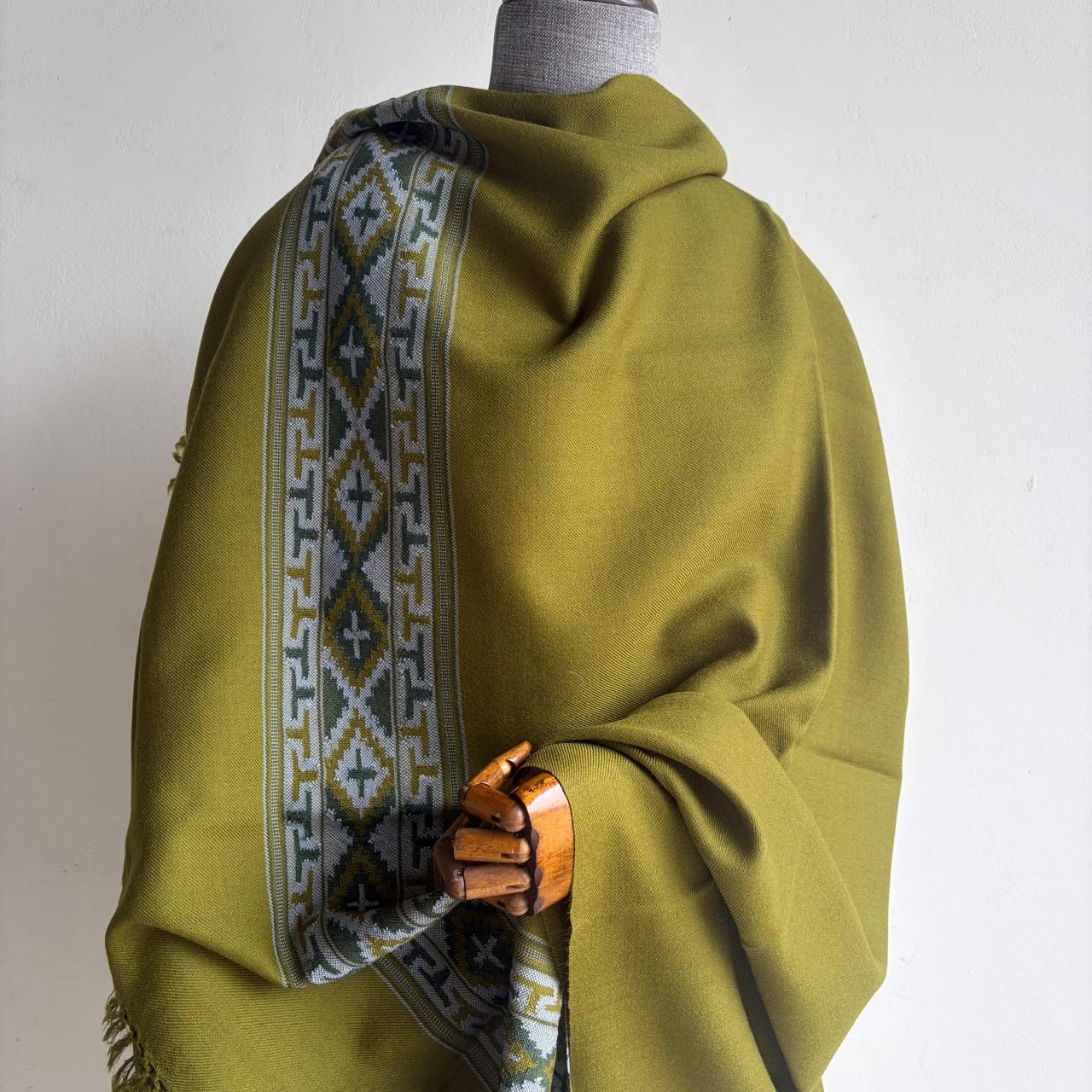 Traditional Kullu patti Merino Wool shawl- Olive Green