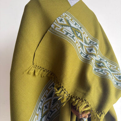 Traditional Kullu patti Merino Wool shawl- Olive Green