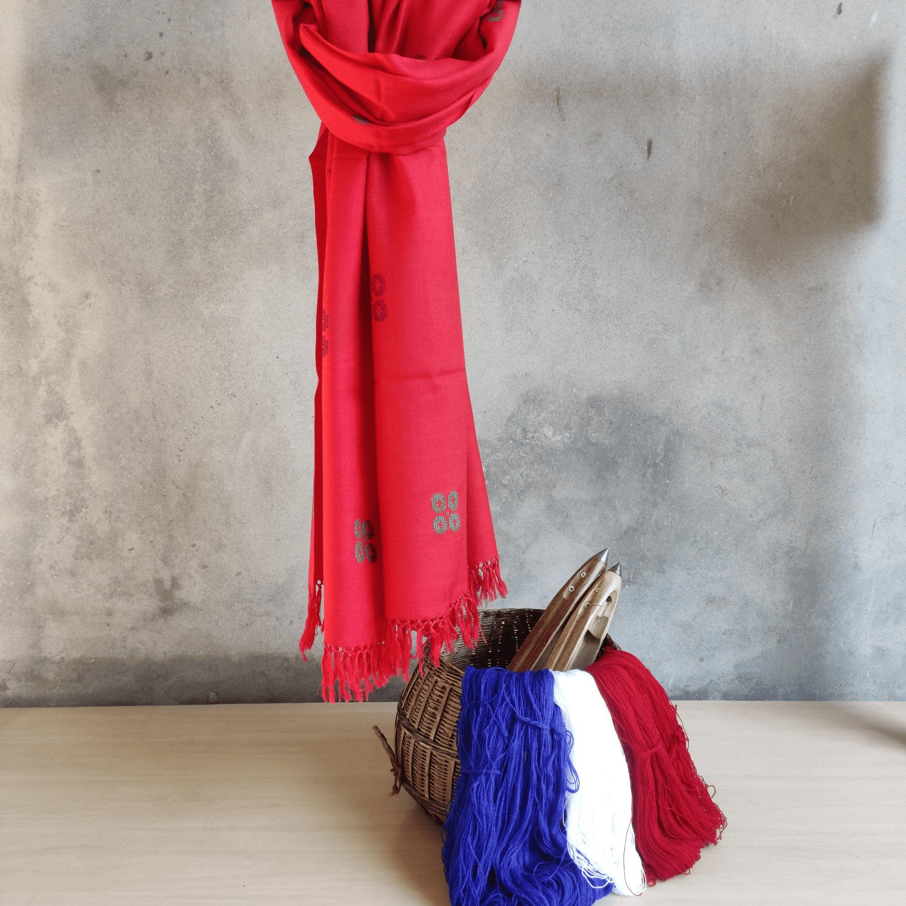 Hand Woven Polywool Kullu Stole - (ND - 3) Red - Bhuttico Shawls